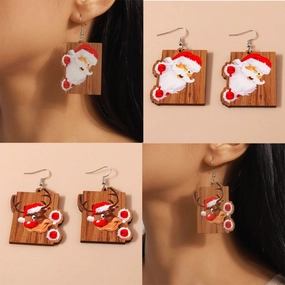 Wholesale Christmas Cartoon Cute Santa Claus Elk Wooden Earrings