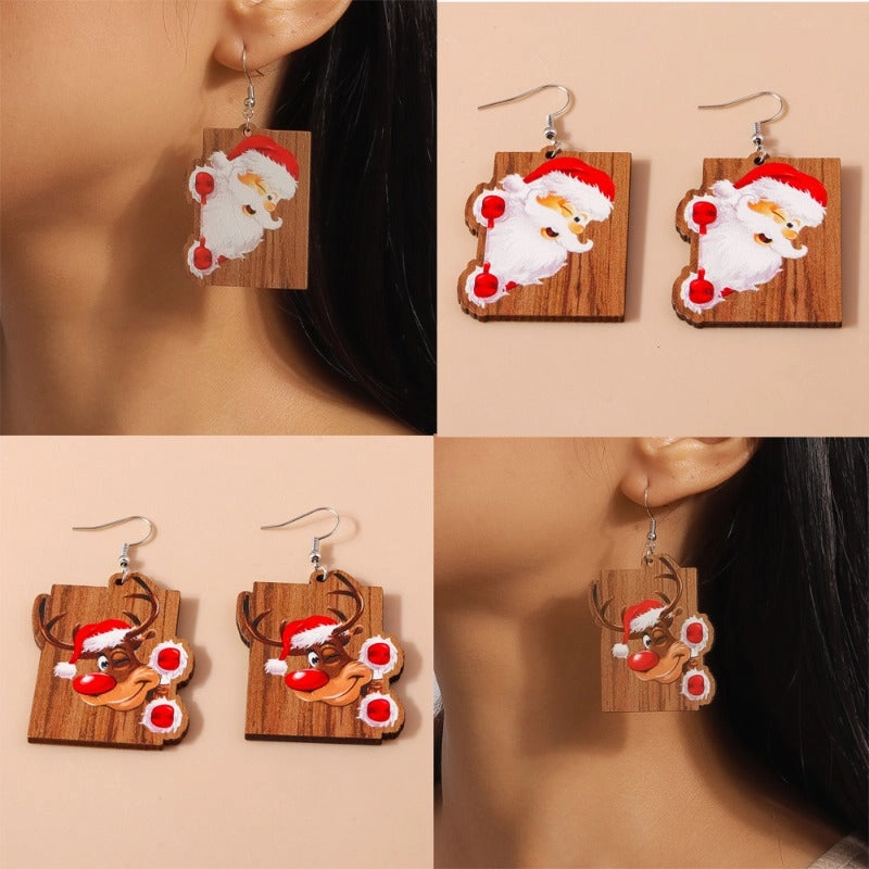 Wholesale Christmas Cartoon Cute Santa Claus Elk Wooden Earrings
