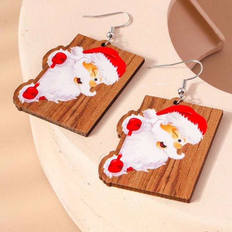 Wholesale Christmas Cartoon Cute Santa Claus Elk Wooden Earrings