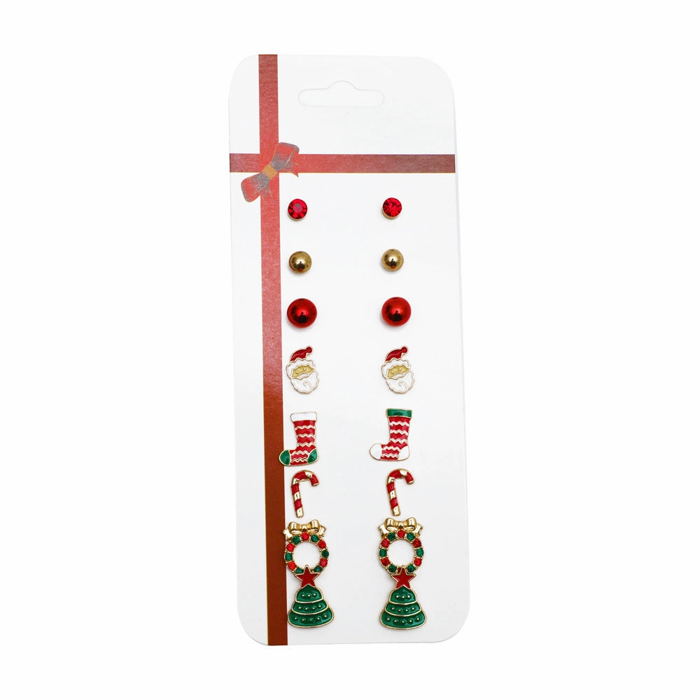 Wholesale Christmas Cartoon Elk Cane Christmas Tree Alloy Stud Earrings Set