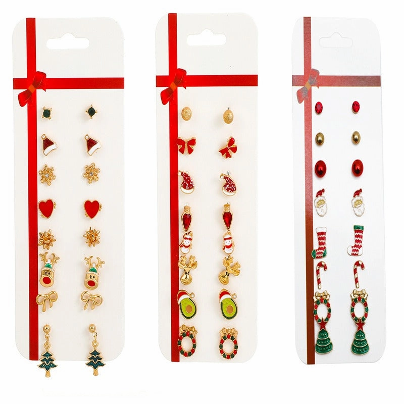 Wholesale Christmas Cartoon Elk Cane Christmas Tree Alloy Stud Earrings Set