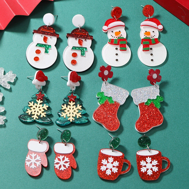 Wholesale Christmas Cartoon Mini Snowman Christmas Tree Boots Snowflake Colorful Acrylic Earrings