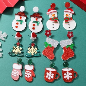 Wholesale Christmas Cartoon Mini Snowman Christmas Tree Boots Snowflake Colorful Acrylic Earrings