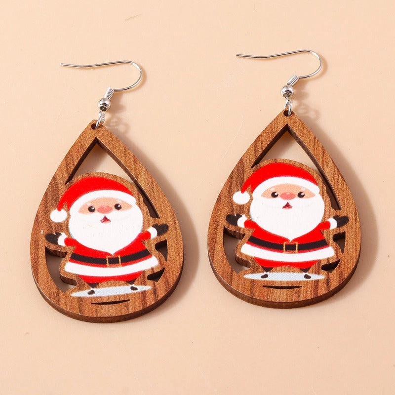 Wholesale Christmas Cartoon Santa Claus Drop Shape Wooden Earrings