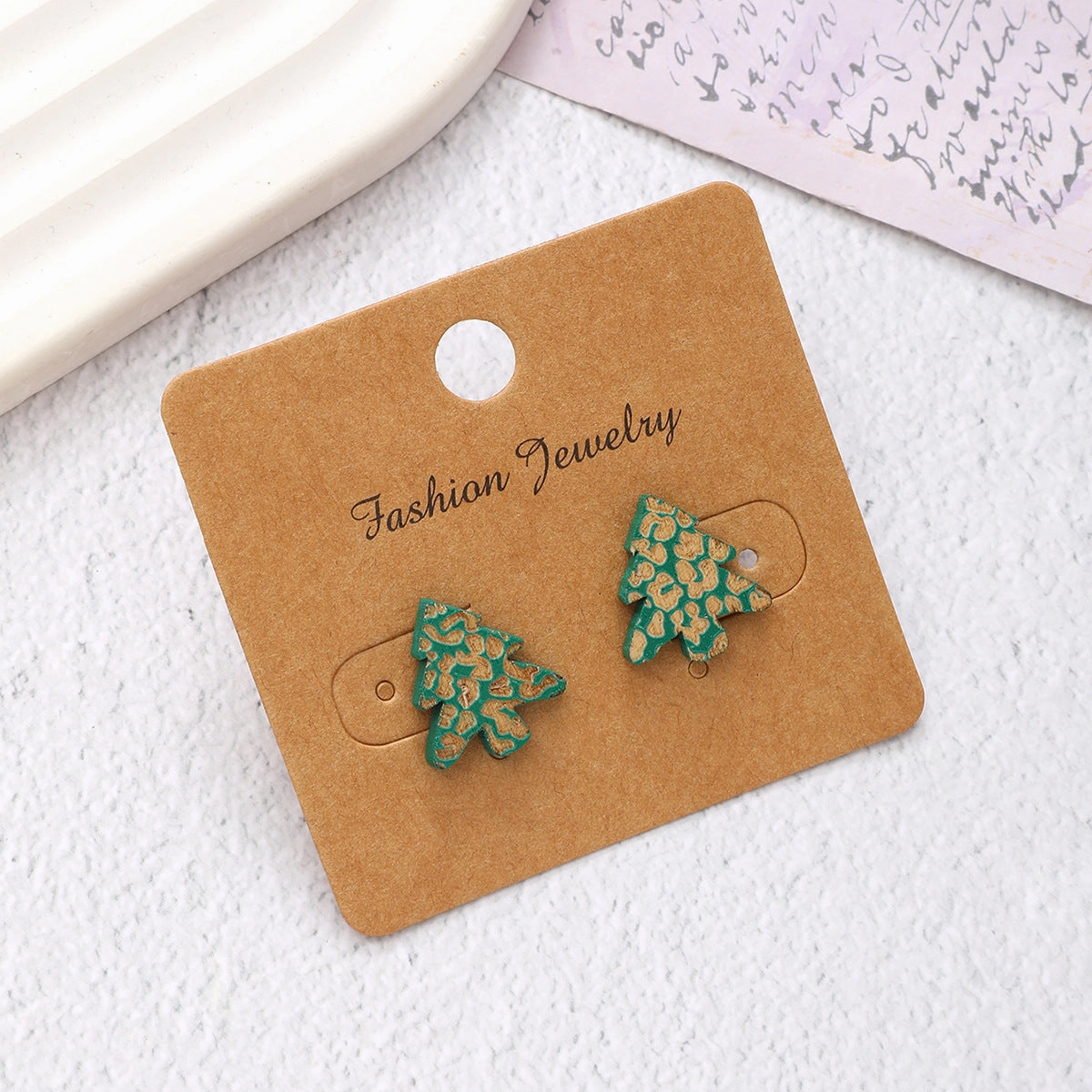 Wholesale Christmas Carved Leopard Pattern Christmas Tree Wooden Earrings