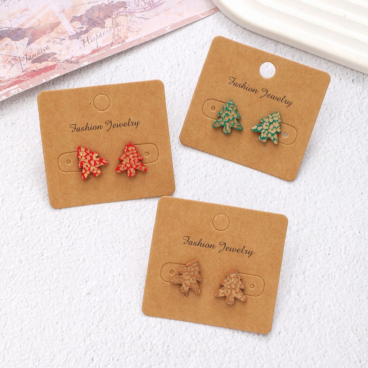 Wholesale Christmas Carved Leopard Pattern Christmas Tree Wooden Earrings