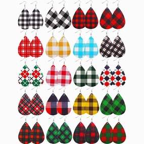 Wholesale Christmas Classic Plaid Leather Double Sided Print Earrings