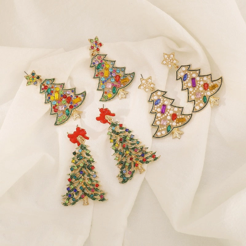 Wholesale Christmas Colored Diamond Pearl Christmas Tree Star Earrings