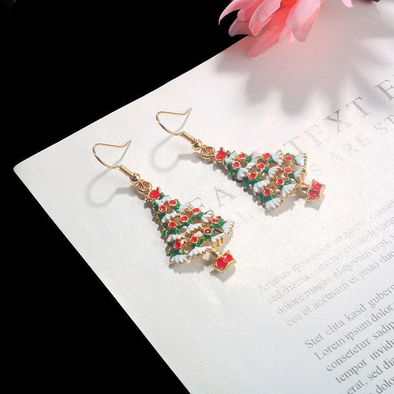 Wholesale Christmas Colorful Cartoon Cute Oil Dropping Christmas Tree Earrings Necklace Set