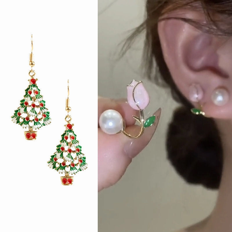 Wholesale Christmas Colorful Cartoon Cute Oil Dropping Christmas Tree Earrings Necklace Set