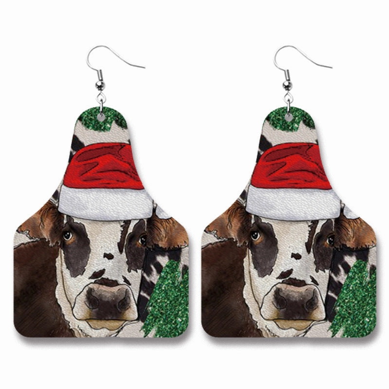 Wholesale Christmas Cow Sheep Animal Western Style Sunflower Retro PU Leather Earrings