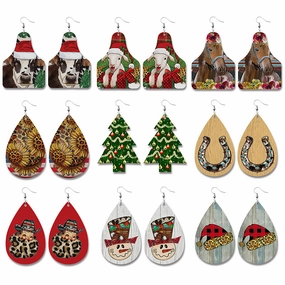 Wholesale Christmas Cow Sheep Animal Western Style Sunflower Retro PU Leather Earrings