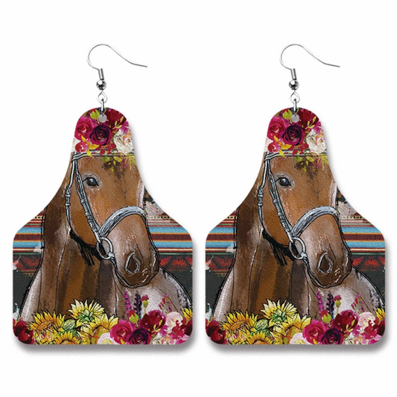 Wholesale Christmas Cow Sheep Animal Western Style Sunflower Retro PU Leather Earrings