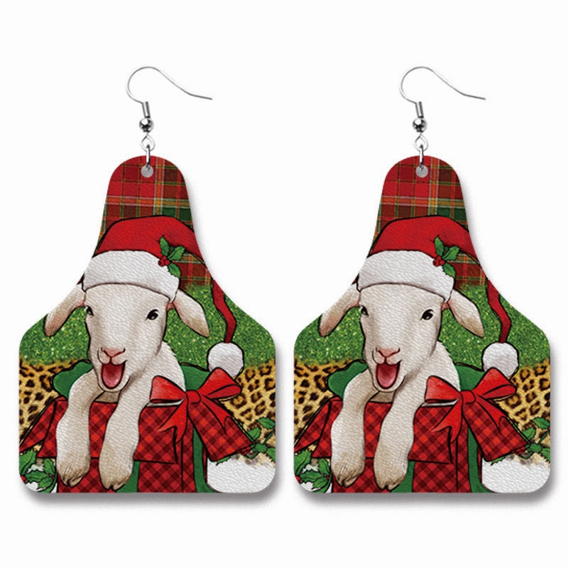 Wholesale Christmas Cow Sheep Animal Western Style Sunflower Retro PU Leather Earrings