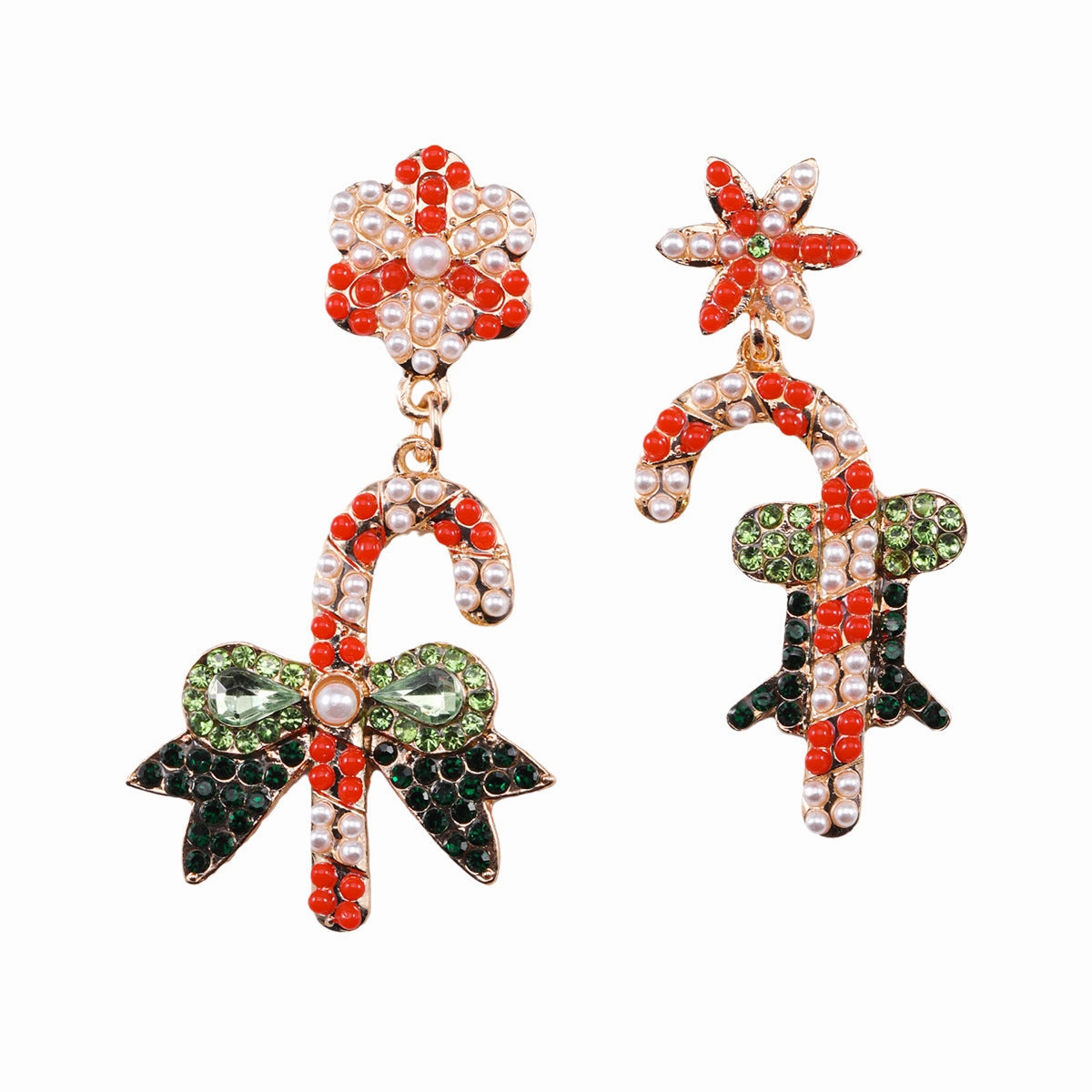 Wholesale Christmas Cute Bow Candy Cane Alloy Earrings