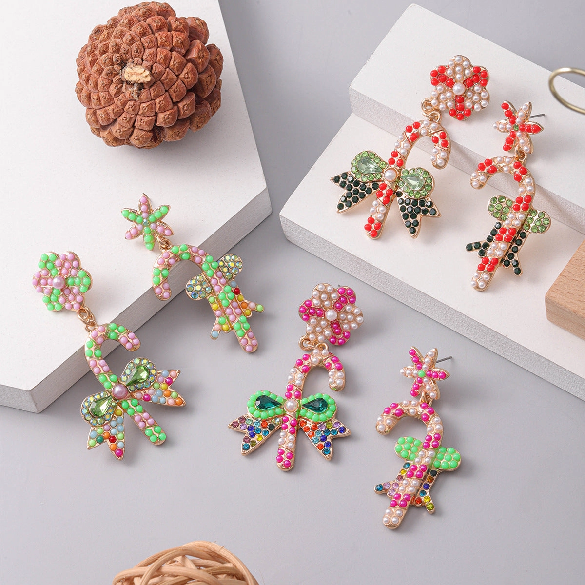 Wholesale Christmas Cute Bow Candy Cane Alloy Earrings