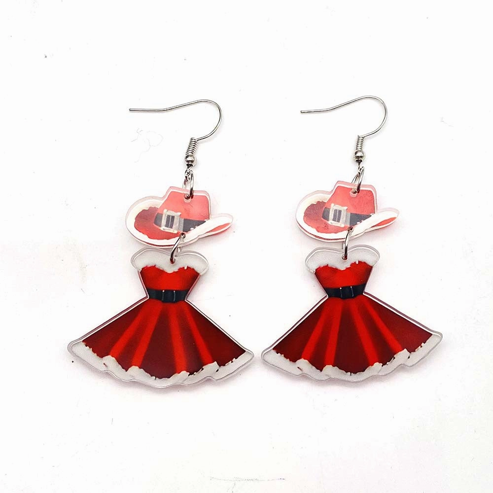 Wholesale Christmas Cute Princess Dress Western Denim Santa Hat Acrylic Earrings
