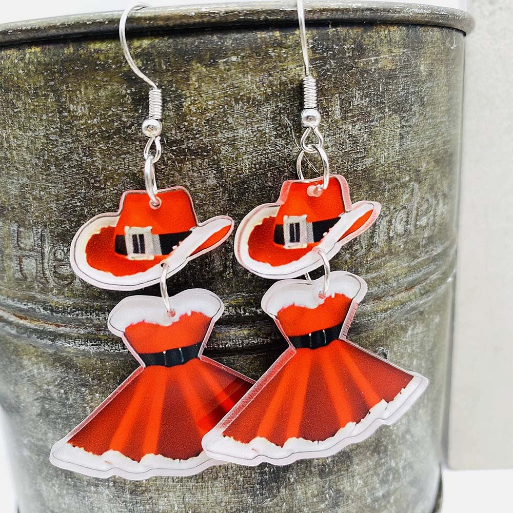 Wholesale Christmas Cute Princess Dress Western Denim Santa Hat Acrylic Earrings