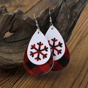 Wholesale Christmas Double Layer Water Drop Snowflake Leather Earrings
