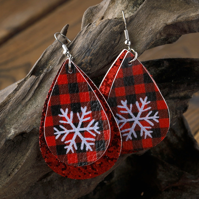 Wholesale Christmas Double Layer Water Drop Snowflake Leather Earrings