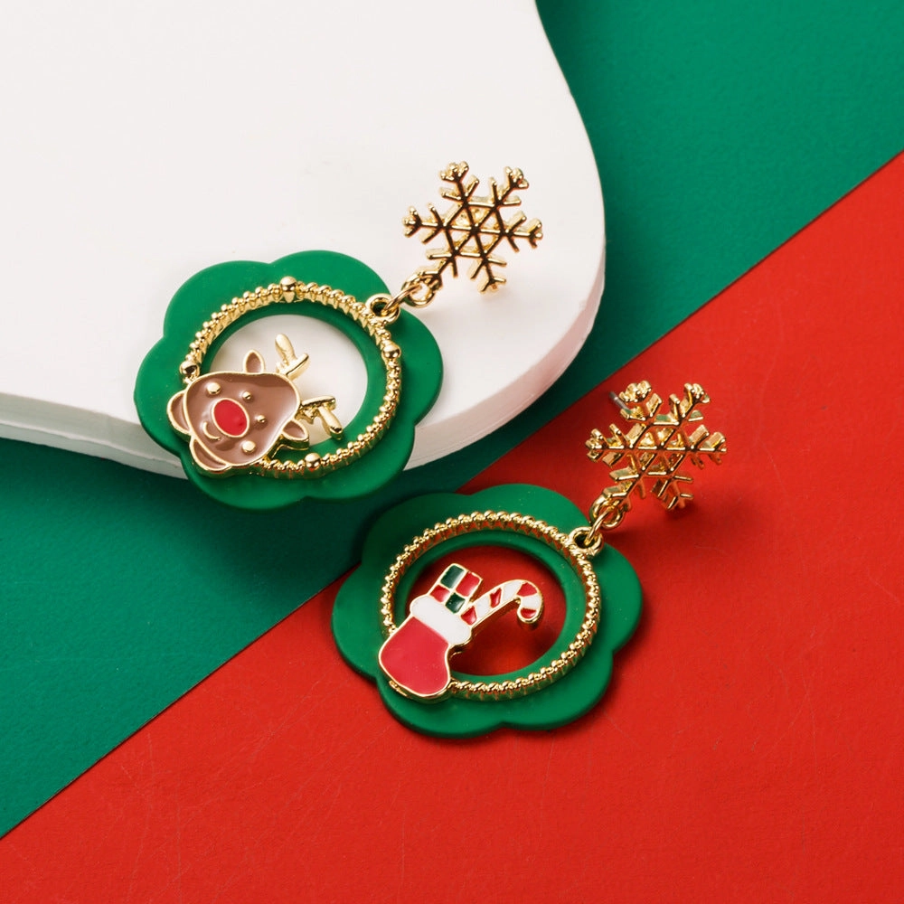 Wholesale Christmas Drip Oil Elk Snowflake Candy Alloy Earrings S925 Silver Needle Earrings