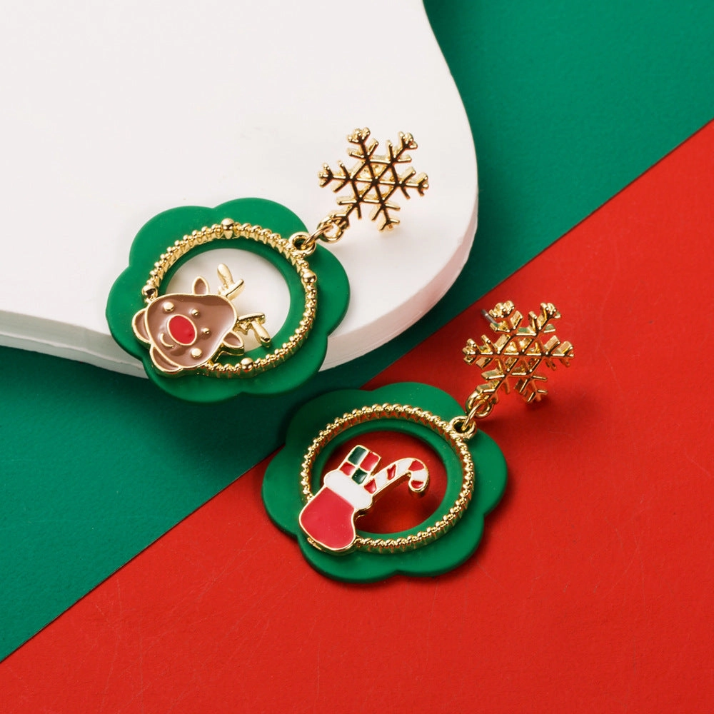 Wholesale Christmas Drip Oil Elk Snowflake Candy Alloy Earrings S925 Silver Needle Earrings