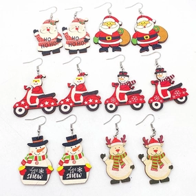 Wholesale Christmas Earrings Elk Christmas Tree Snowman Santa Claus Wooden Earrings