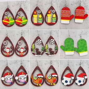 Wholesale Christmas Earrings Santa Hat Football Gloves Bell Print Wooden Earrings