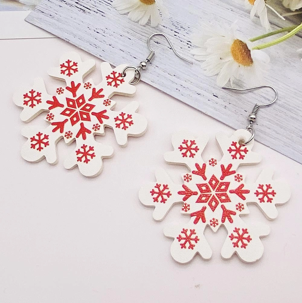 Wholesale Christmas Earrings Snowflake Double Sided Print PU Leather Earrings