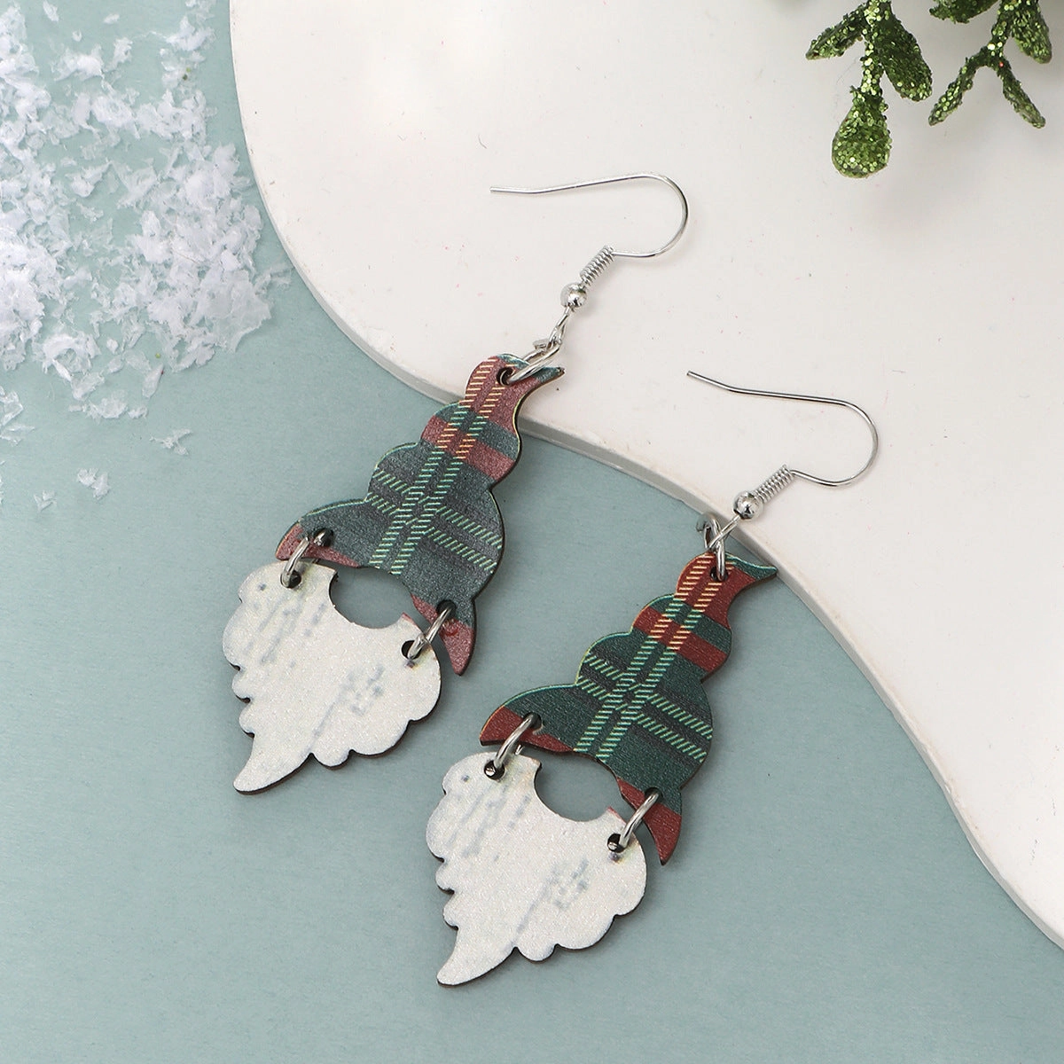 Wholesale Christmas Elf Wood Chips Retro Plaid Polka Dot Christmas Hat Earrings