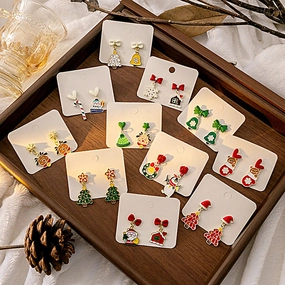 Wholesale Christmas Elk Bell Bow Santa Heart Snowflake Asymmetrical Penguin Earrings