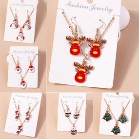 Wholesale Christmas Elk Cane Christmas Tree Snowman  Alloy Necklaces Set