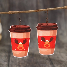 Wholesale Christmas Elk Snowman Coffee Cup Leather Earrings