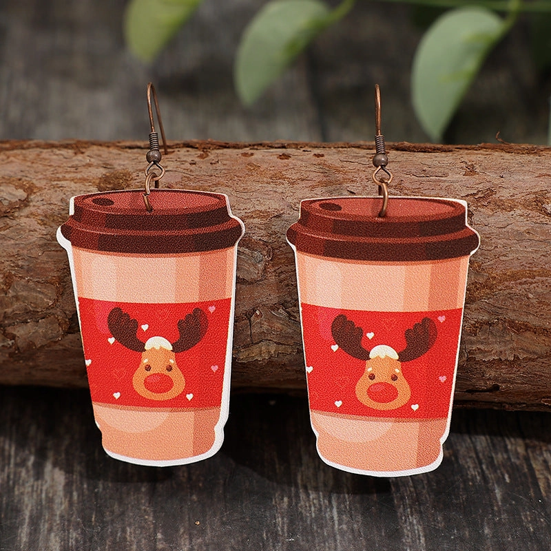 Wholesale Christmas Elk Snowman Coffee Cup Leather Earrings