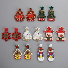 Wholesale Christmas Fabric Felt Christmas Tree Elk Snowman Handmade Rice Bead Earrings