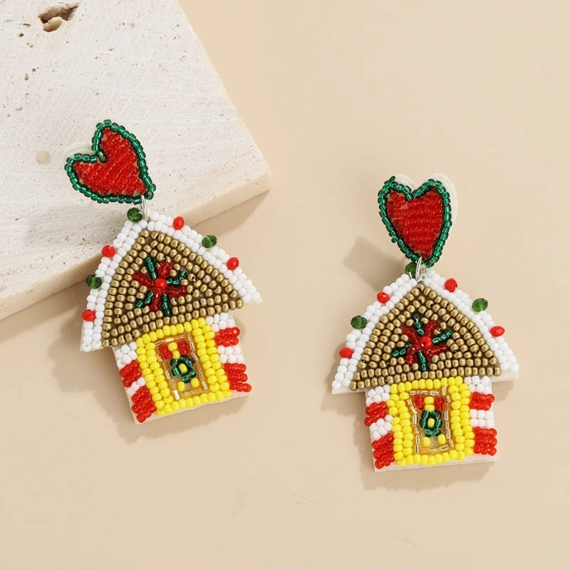 Wholesale Christmas Fabric Felt Christmas Tree Elk Snowman Handmade Rice Bead Earrings