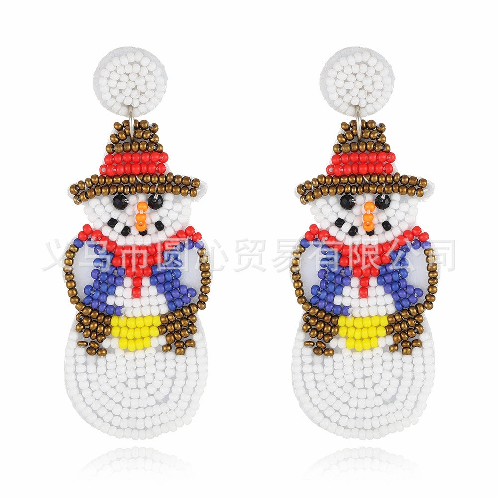 Wholesale Christmas Fabric Felt Christmas Tree Elk Snowman Handmade Rice Bead Earrings