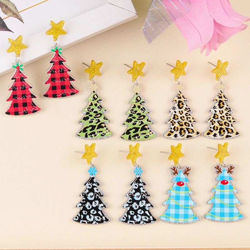 Wholesale Christmas Five-pointed Star Leopard Print Antler Snowflake Acrylic Earrings