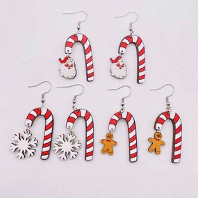 Wholesale Christmas Gingerbread Man Santa Claus Snowflake Crutches Wooden Earrings