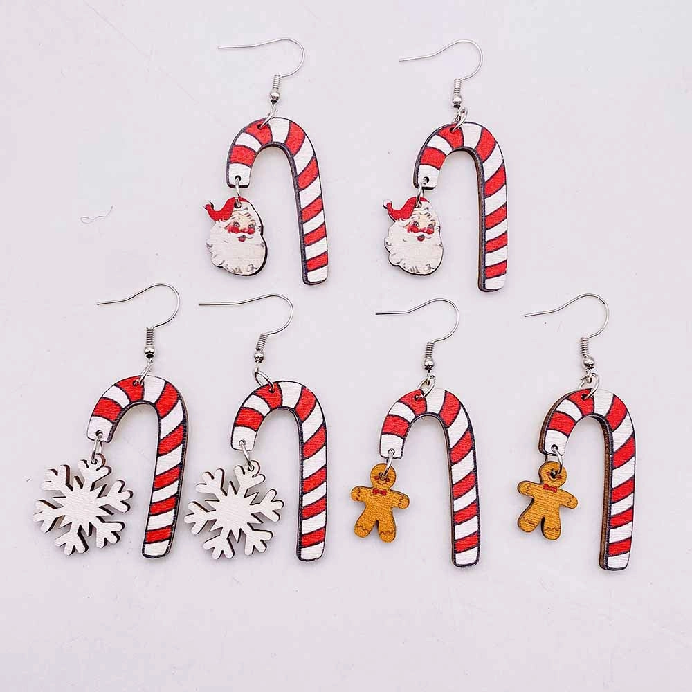 Wholesale Christmas Gingerbread Man Santa Claus Snowflake Crutches Wooden Earrings
