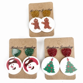 Wholesale Christmas Glitter Acrylic Snowman Christmas Tree Earrings