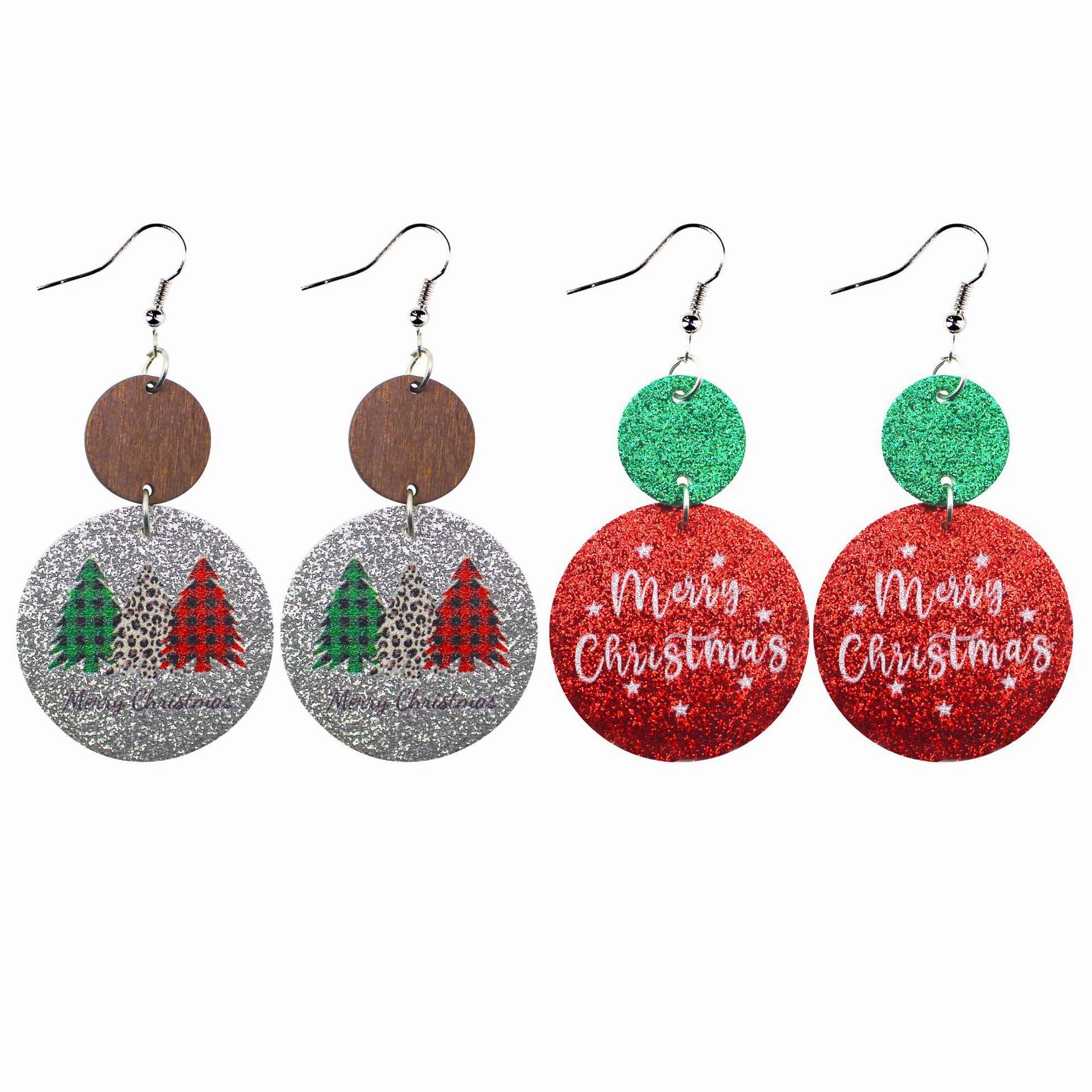 Wholesale Christmas Glitter Round Leather Earrings