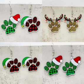 Wholesale Christmas Green Red Plaid Cat's Paw Leopard Print Elk Acrylic Earrings