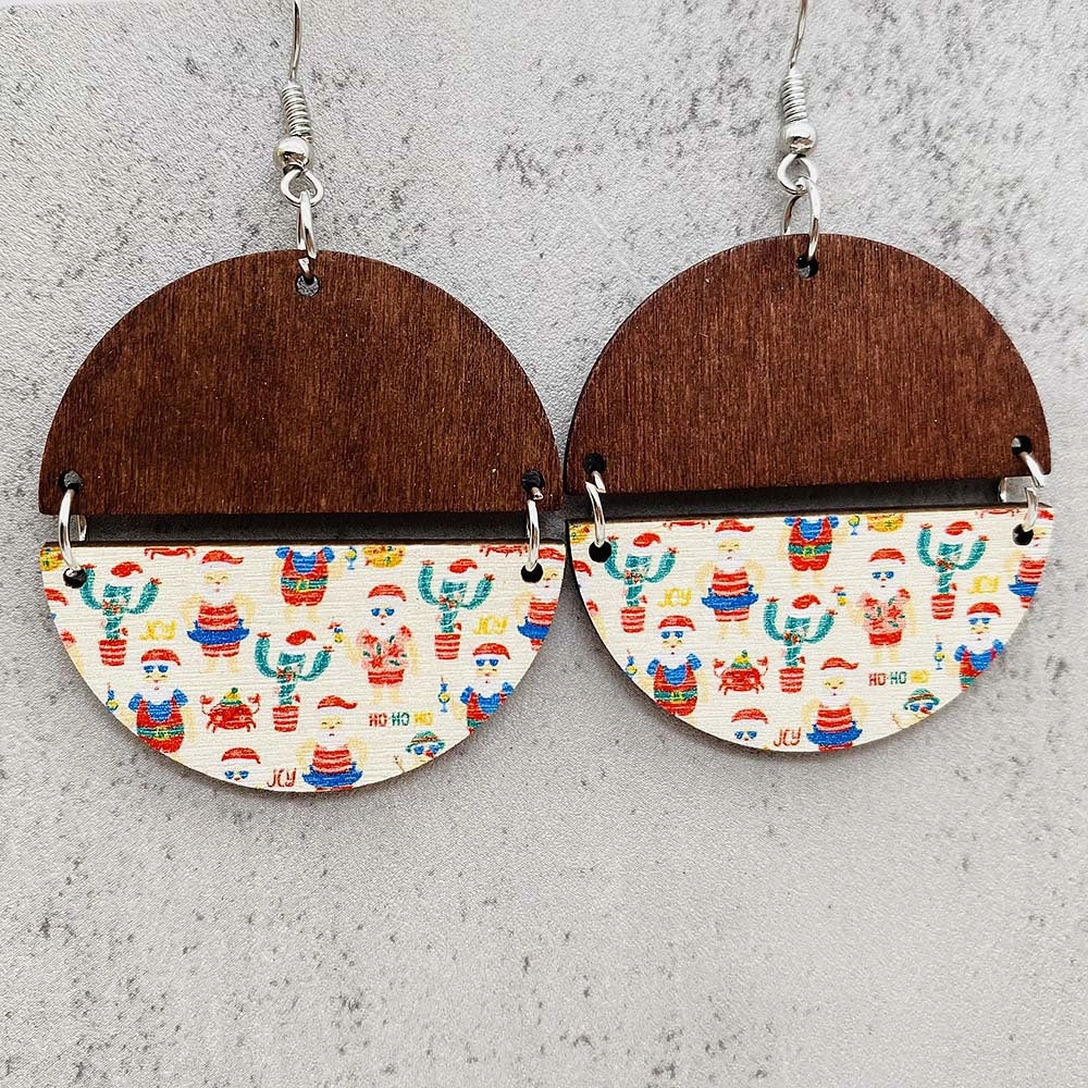 Wholesale Christmas Half Round Wood Chips Patchwork Earrings