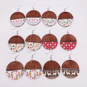 Wholesale Christmas Half Round Wood Chips Patchwork Earrings