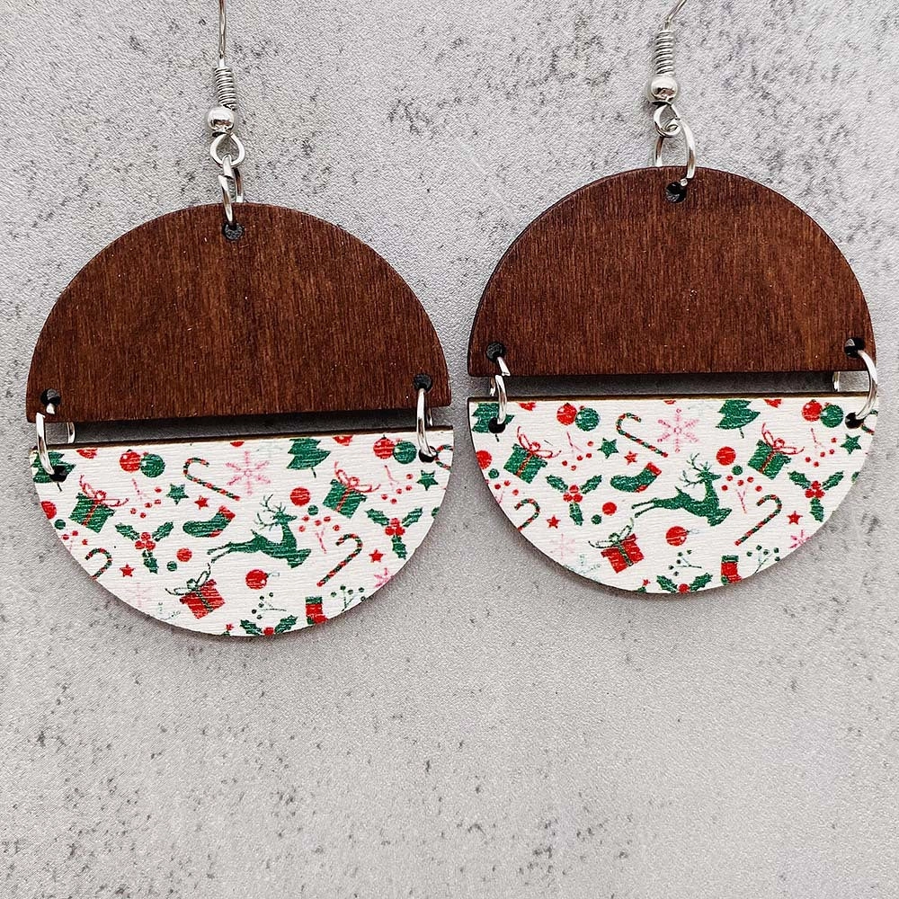 Wholesale Christmas Half Round Wood Chips Patchwork Earrings