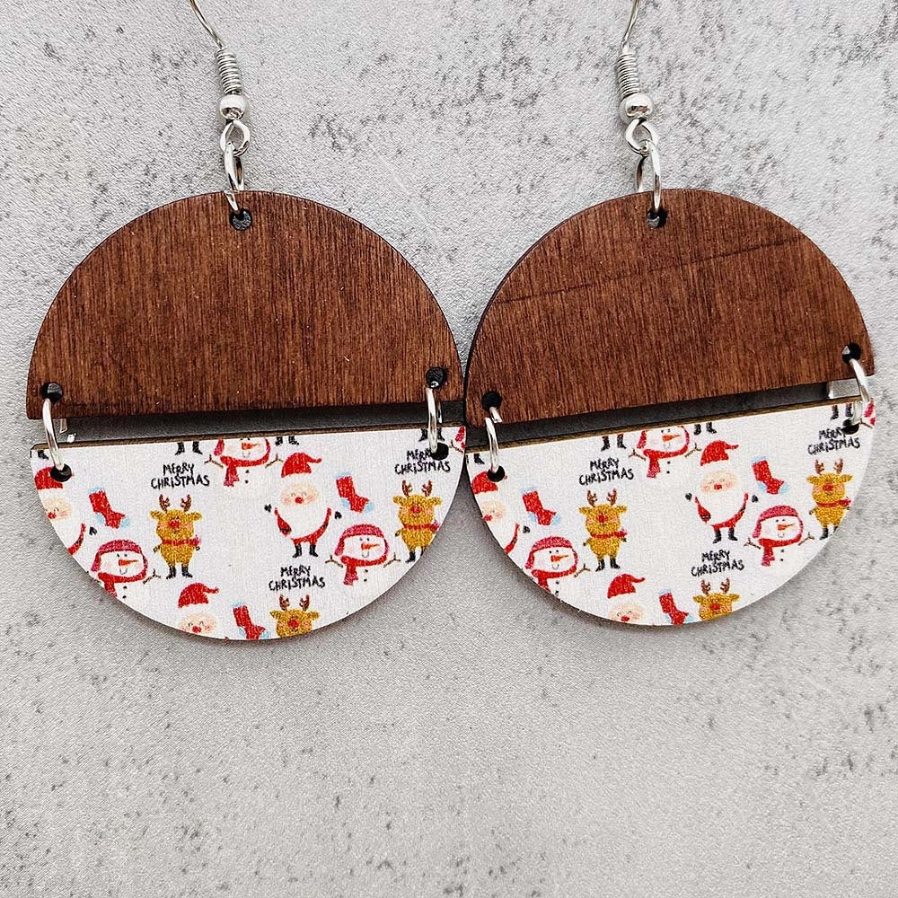 Wholesale Christmas Half Round Wood Chips Patchwork Earrings