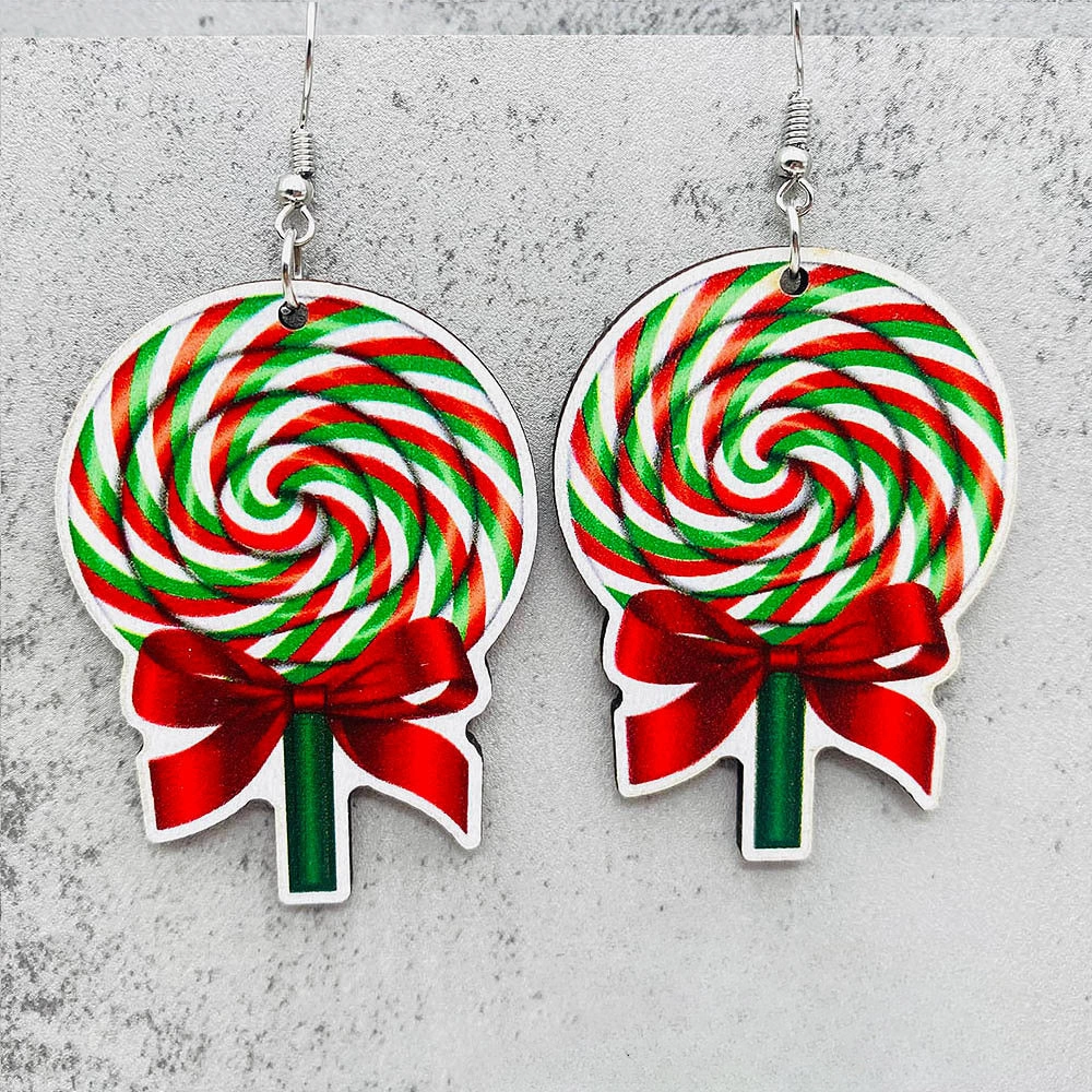 Wholesale Christmas Halloween Earrings Candy Cane Lollipop Wooden Earrings