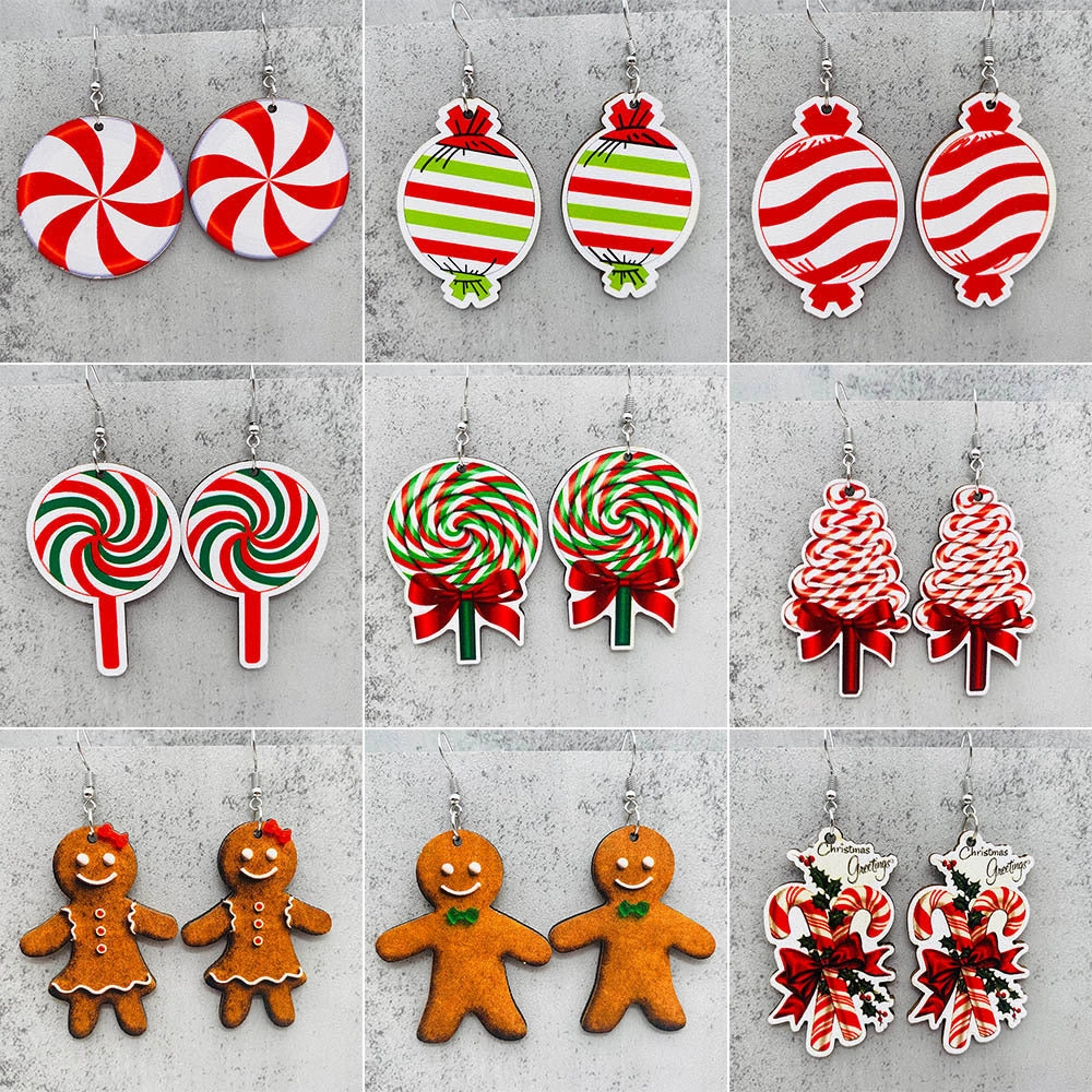 Wholesale Christmas Halloween Earrings Candy Cane Lollipop Wooden Earrings