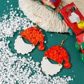 Wholesale Christmas Hats White Bearded Leather Earrings